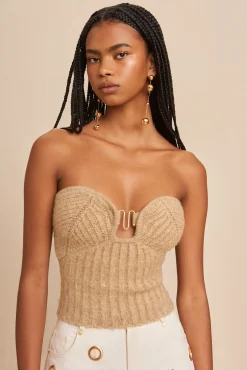 Cult Gaia Tops|Knits>ELLISON KNIT TOP - MELANGE Champagne