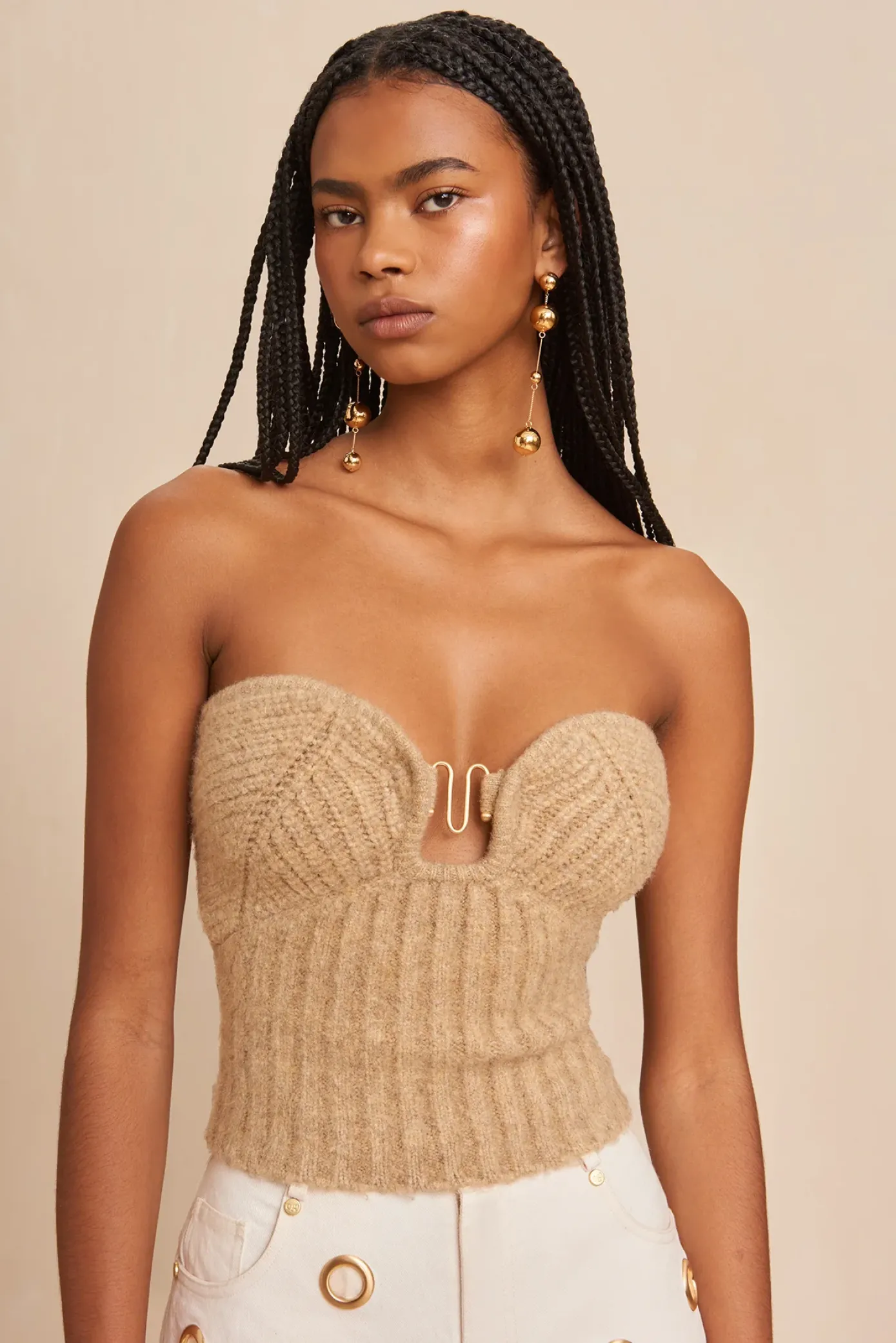 Cult Gaia Tops|Knits>ELLISON KNIT TOP - MELANGE Champagne