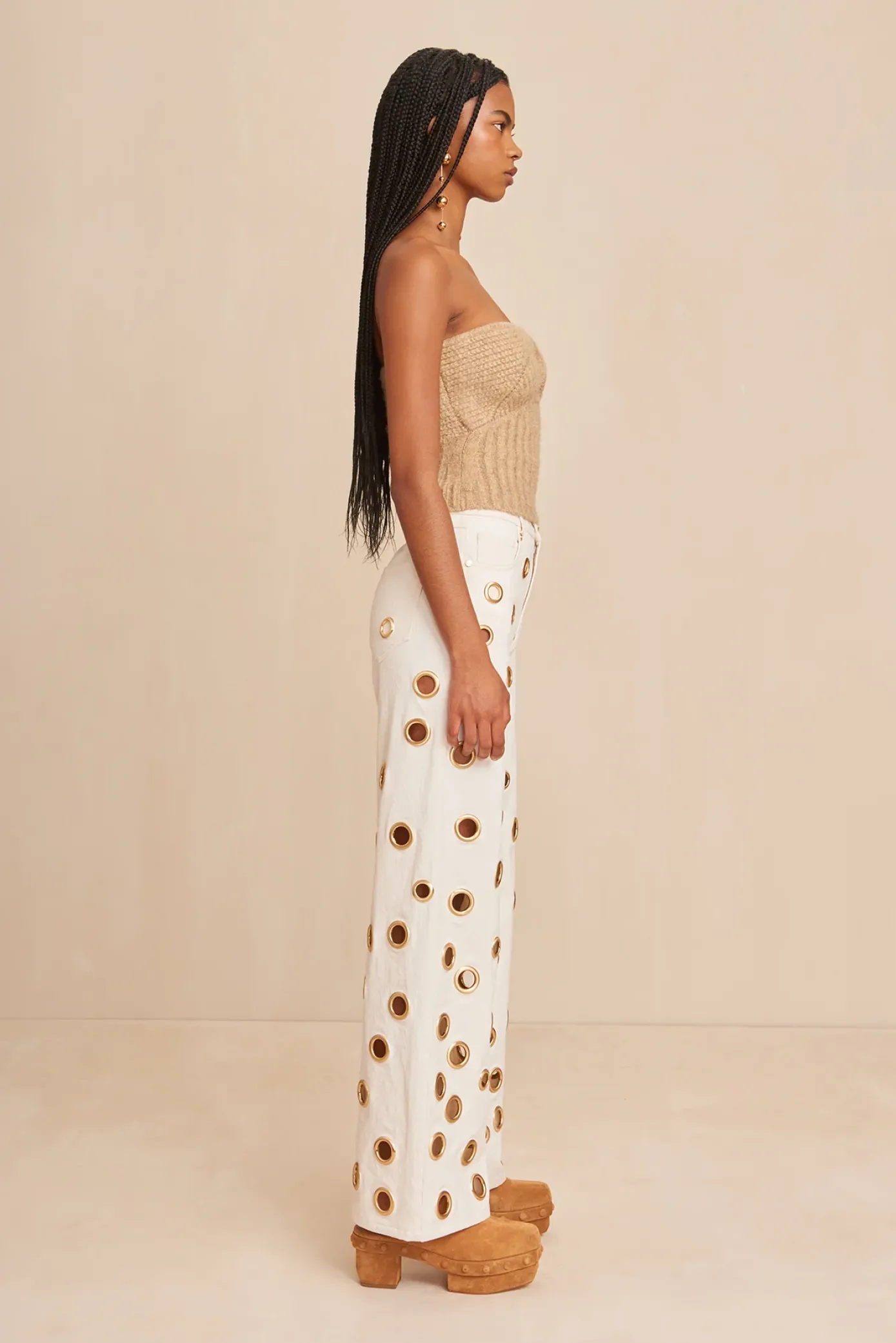 Cult Gaia Tops|Knits>ELLISON KNIT TOP - MELANGE Champagne