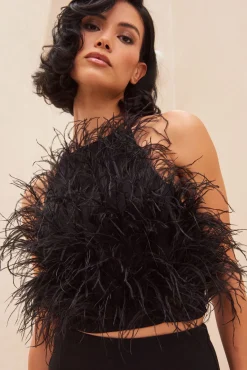 Cult Gaia Tops>JOEY FEATHER TOP - BLACK Black Feather